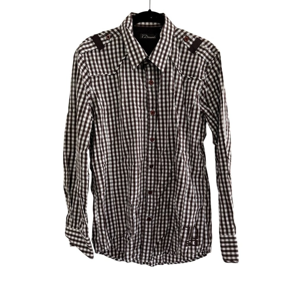 7 Diamonds Brown & White Checkered Long Sleeve Button-Up Shirt M